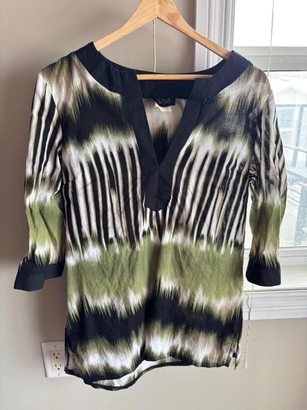 Olive Green Patterned V-Neck Women's Tunic Top